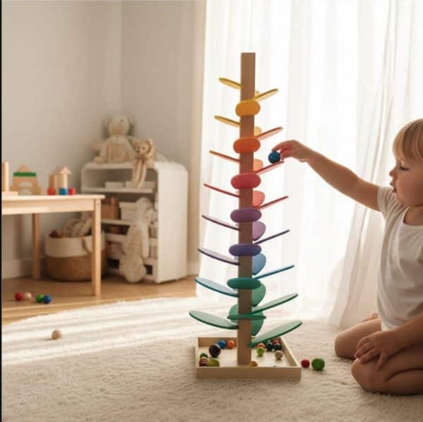 Arbre montessori - Arbre musical en bois - Cascade de boules colorées - Biquette Biquette