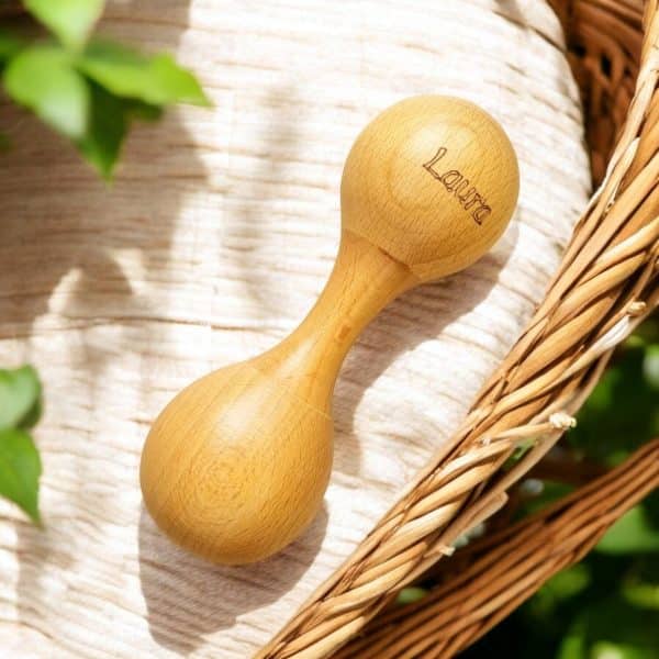 Hochet personnalisé en bois -Maracas double - Biquette Biquette