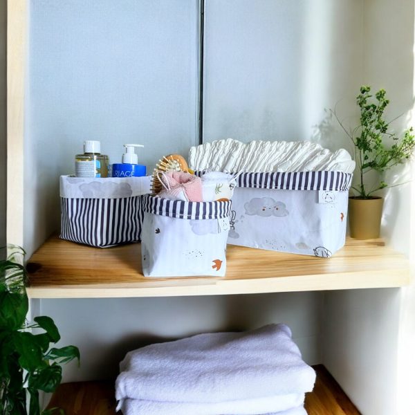 Paniers de Rangement Réversibles en Tissu - Modèle Nuages et Rayures - Biquette Biquette