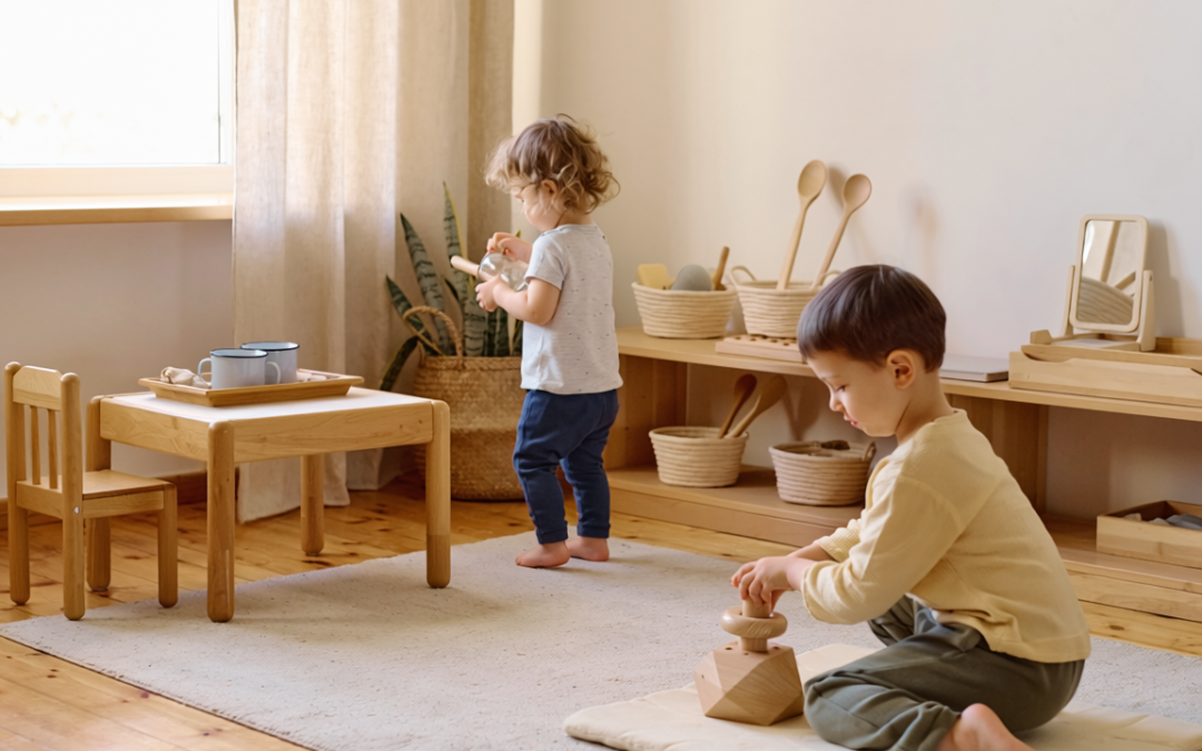 Chambre Montessori 12-18 mois : marche, puzzles en bois et premiere vie pratique