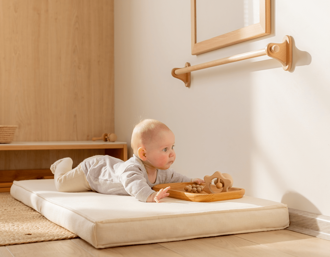 Chambre Montessori 3-6 mois : motricite libre, hochets en bois et barre de prehension