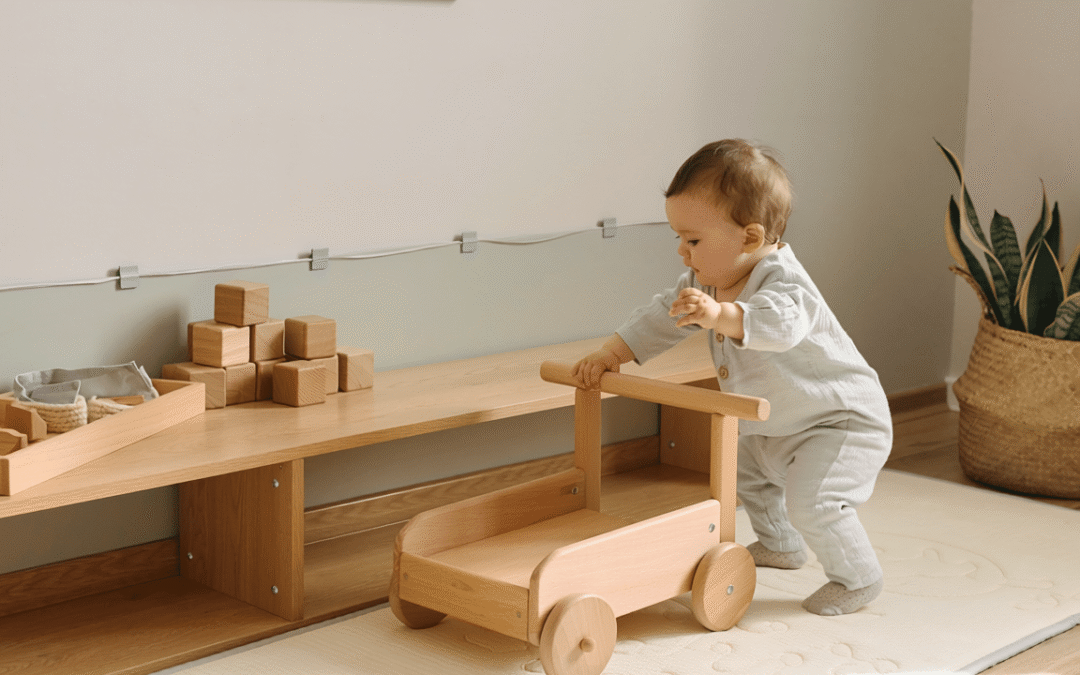 Chambre Montessori 6-12 mois : motricite, cubes en bois et chariot de marche