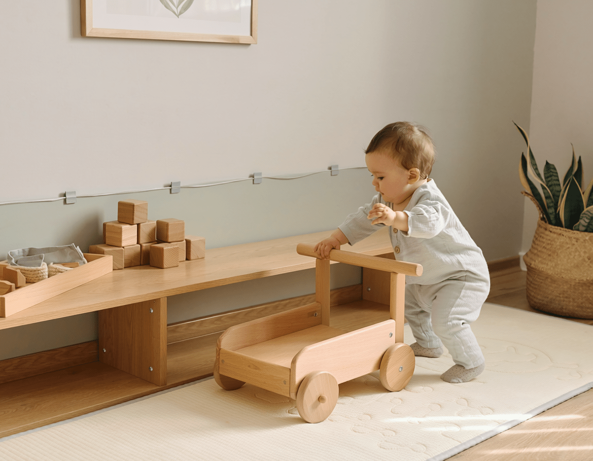 Chambre Montessori 6-12 mois : motricite, cubes en bois et chariot de marche