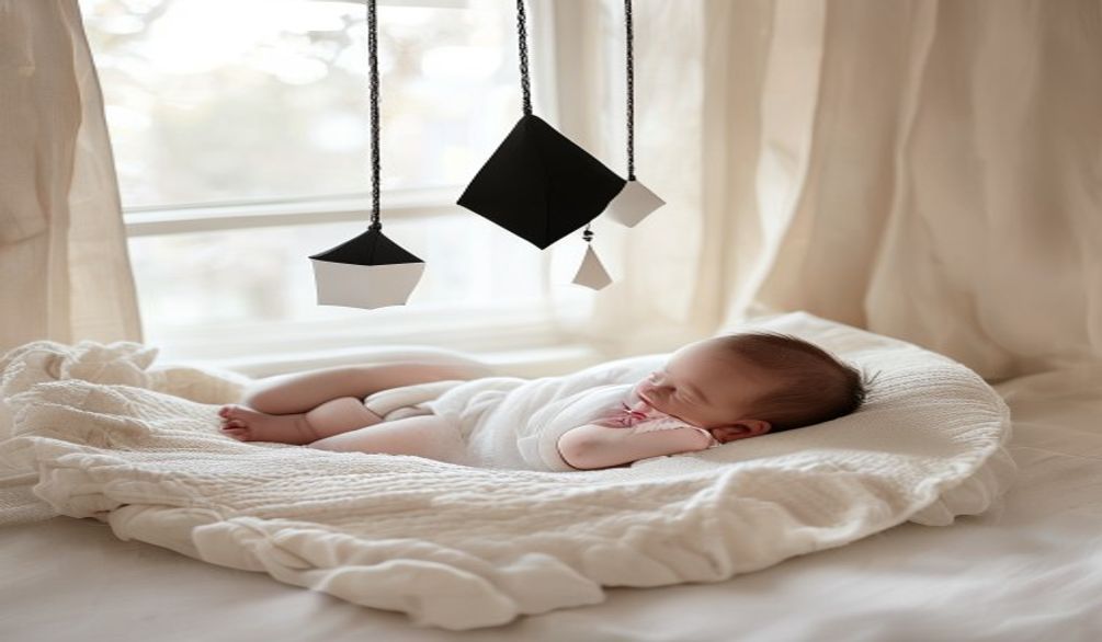 Nouveau-ne allonge sur tapis blanc observant un mobile contraste noir et blanc Munari suspendu au plafond, lumiere naturelle douce