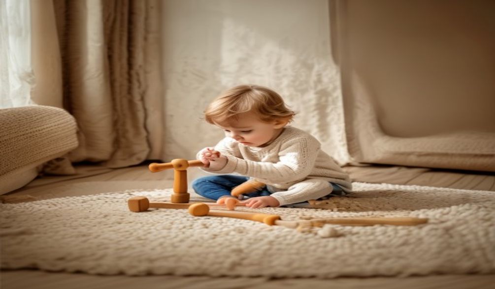 Enfant en train de jouer avec un banc a marteler en bois massif, petit marteau en bois a la main, chevilles colorees a frapper, ambiance lumiere naturelle sur tapis de laine beige
