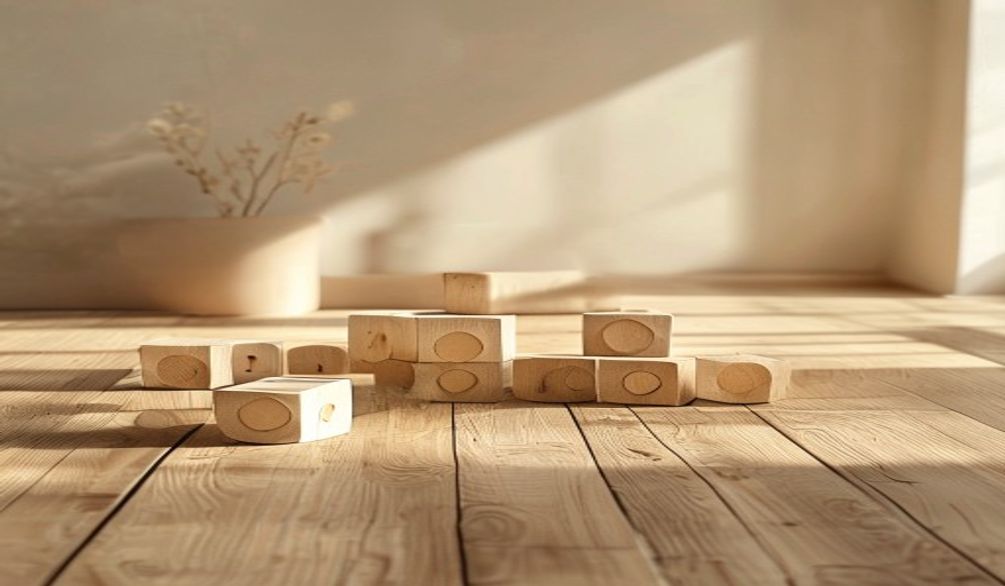 Blocs en bois disposes sur un parquet chaud, lumiere douce de matin, ambiance sobre scandinave