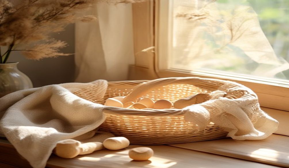 Petits jouets en bois ranges dans un panier tresse sur un linge en lin, ambiance chaleureuse et minimale