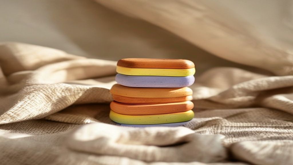 Arc-en-ciel en bois Montessori posé sur un plaid en lin naturel, ambiance douce et chaleureuse