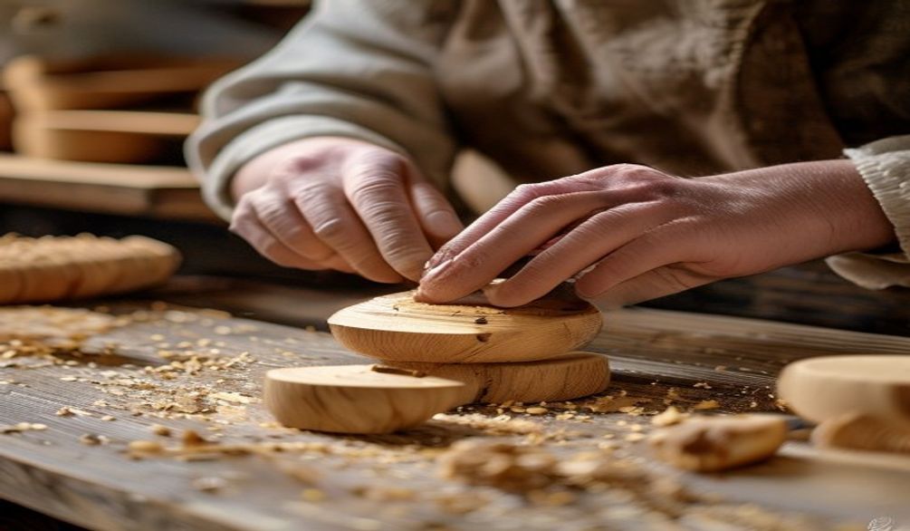 Artisan francais dans son atelier en train de poncer un hochet en bois de hetre, copeaux de bois sur l'etabli, lumiere naturelle chaude