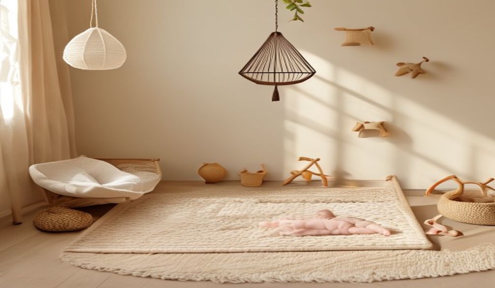 Nouveau-ne allonge sur tapis en coton bio, chambre Montessori depouillee, mobile noir et blanc suspendu, miroir au sol, lumiere naturelle matinale douce