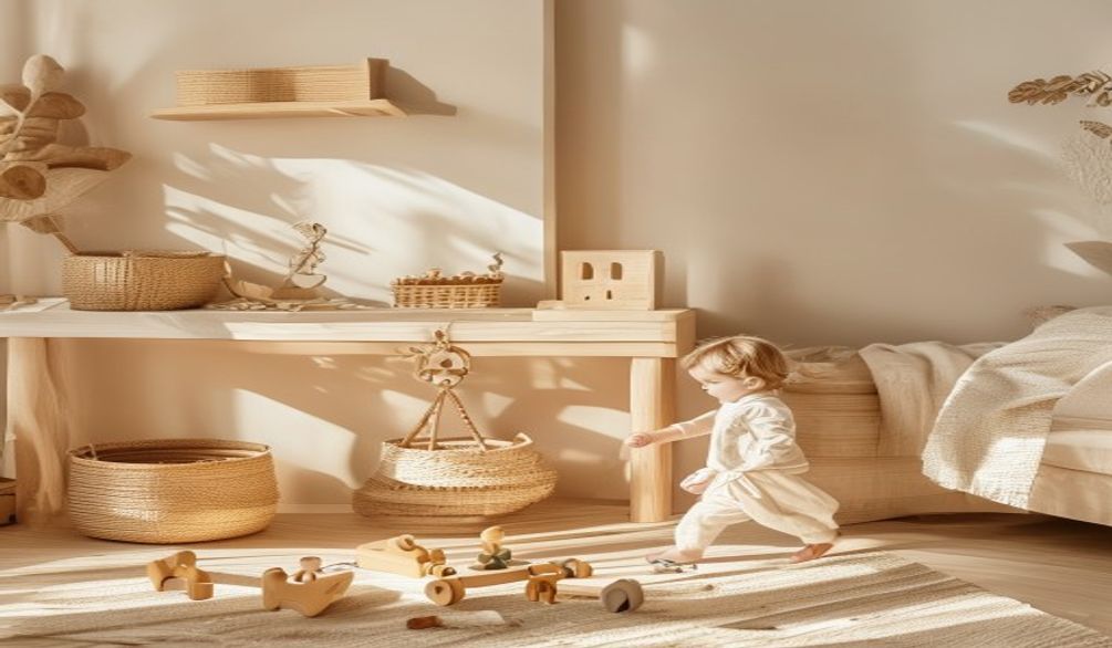 Enfant marchant dans une chambre Montessori avec etagere basse, panier et premier puzzle en bois, lumiere naturelle chaude