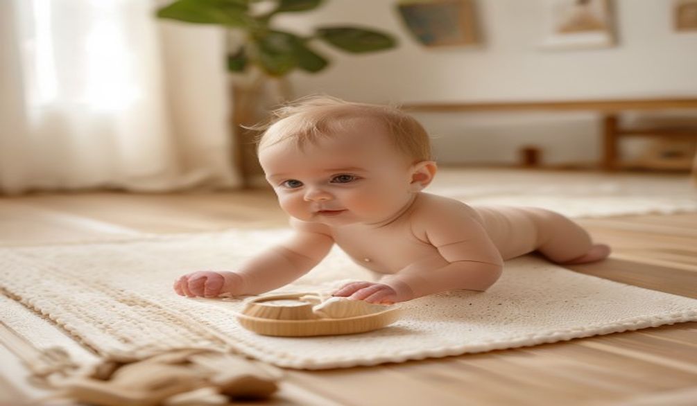 Bebe de quatre mois sur le ventre sur un tapis en coton bio, tendant la main vers un hochet en bois brut, chambre Montessori depouillee