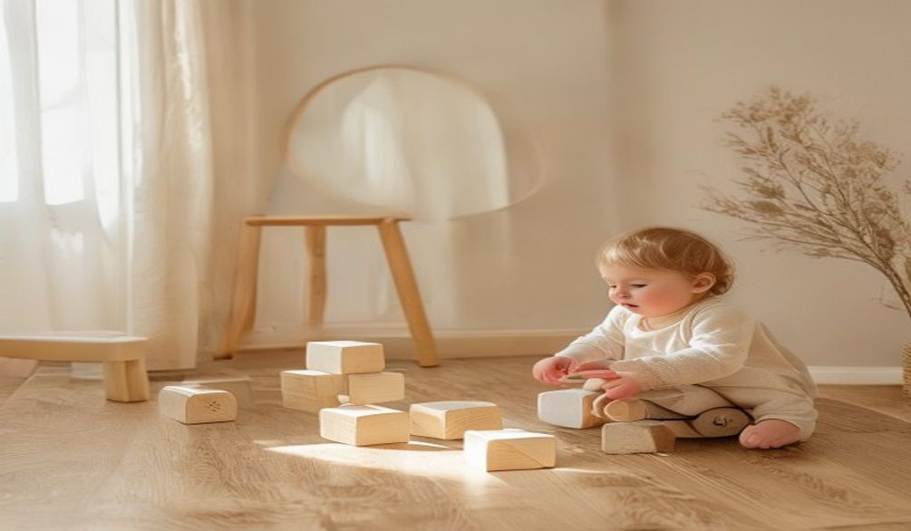 Bebe jouant avec cubes en bois et chariot de marche sur parquet, chambre Montessori minimaliste avec miroir au sol et lumiere naturelle