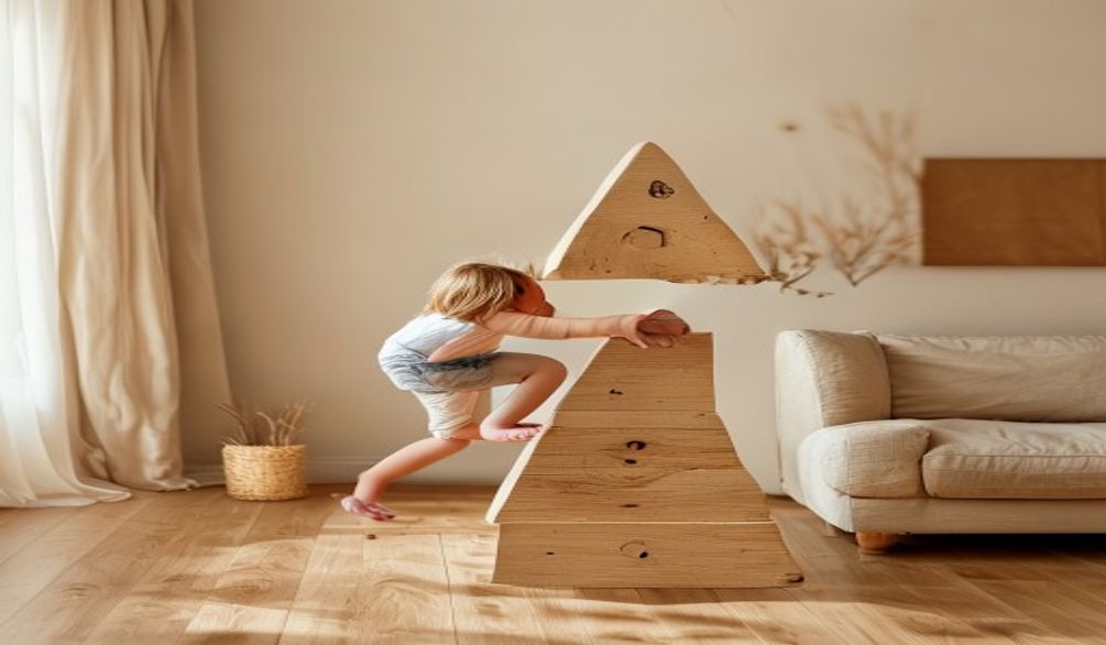 Enfant concentre grimpant sur un triangle de Pikler en bois massif, salon minimaliste avec lumiere naturelle et parquet clair