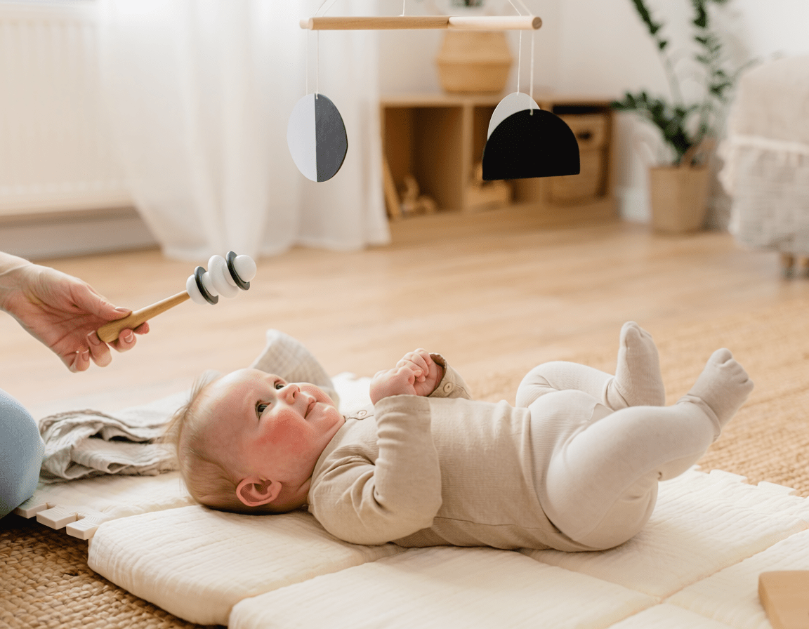 Vision de bebe 0-6 mois : contrastes, mobiles Montessori et hochets pour accompagner le developpement visuel